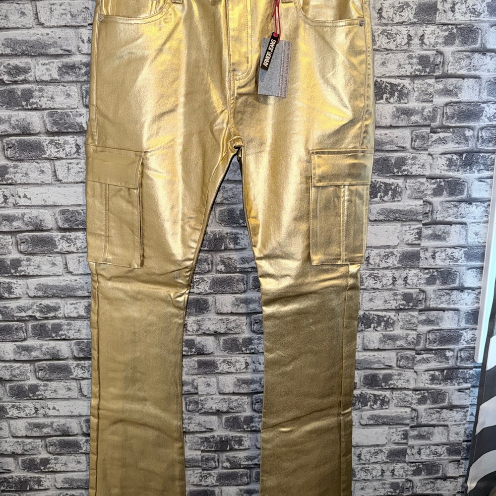 Armor Jeans Stacked Denim Size 34 X 36 Shiny Champagne NWT